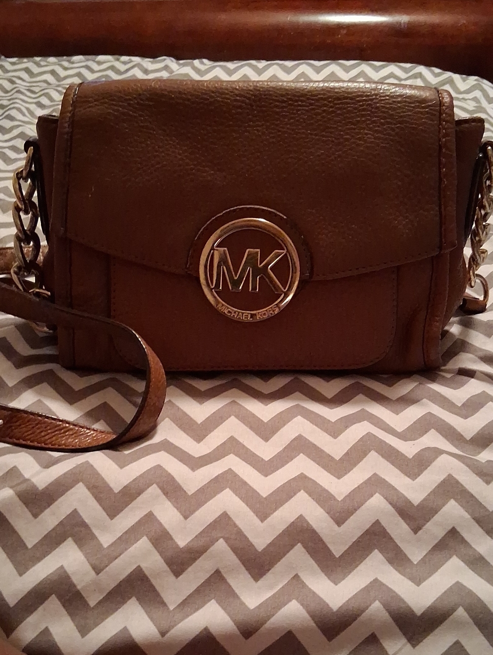 Michael Kors Brown Pebbled Leather Crossbody Purse with Gold MK Medallion